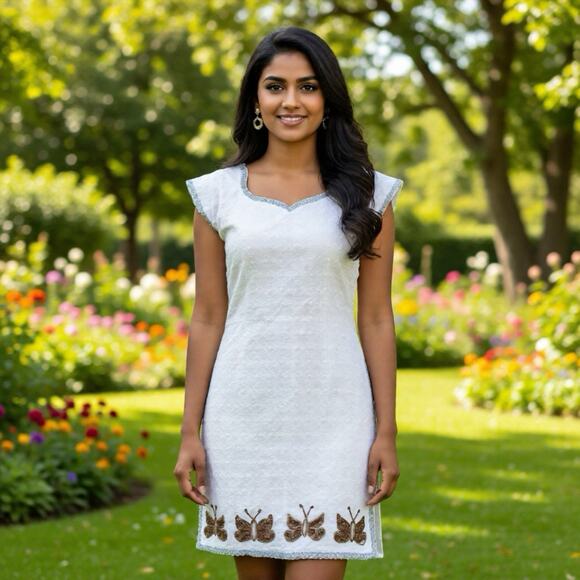 Vintage Mini Dress White Lace Butterfly Sequins Zip Back Split Side Jrs XS/S - Picture 1 of 9